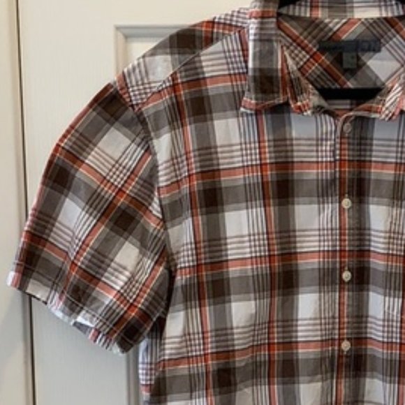 🍂 Men's Burnt Sienna Brown White Plaid Tartan Button Up Short Sleeve Shirt - XL - Picture 6 of 9